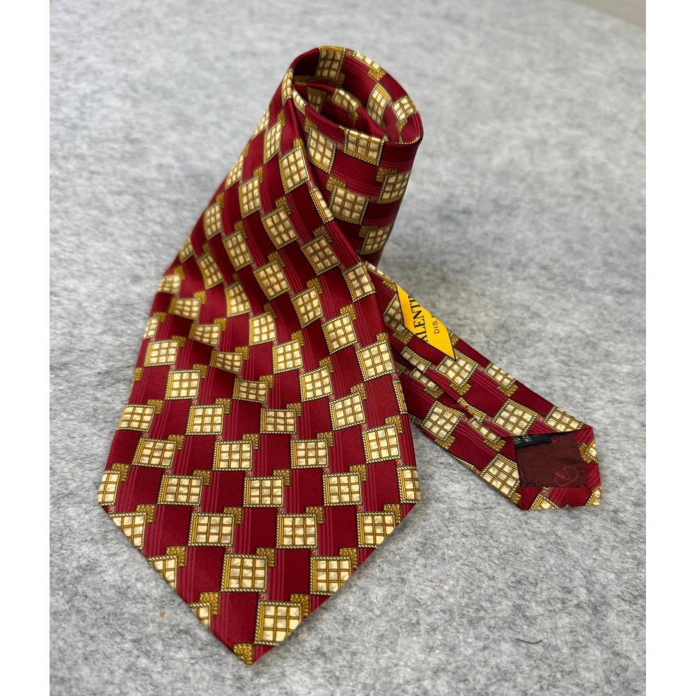 Valentino Cravatte Mens Silk Tie Burgundy Red Geometric Grid Made in Italy 67154